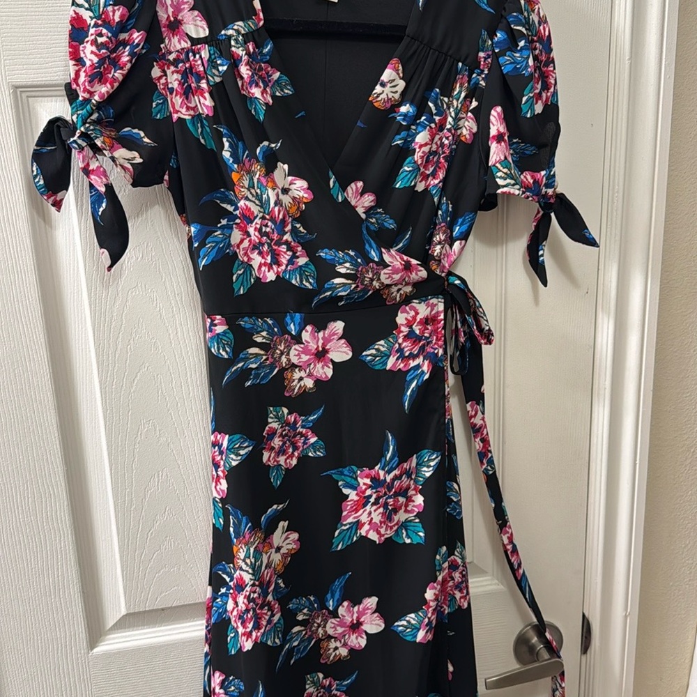 Floral Wrap Dress - Black with Pink and Blue Accents